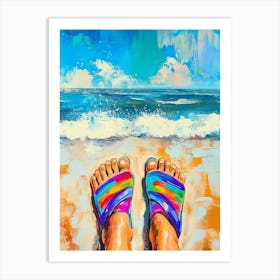 Painting Of Colorful Feet With Flip Flops On Sandy Beach Art Print