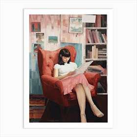 Girl Reading Books Pink Art Print