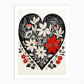 Traditional Linocut Style Heart Floral Art Print