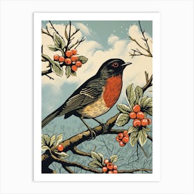 Vintage Bird Linocut Robin 2 Art Print