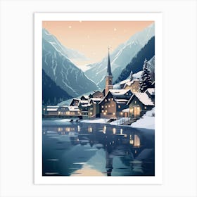 Winter Travel Night Illustration Hallstatt Austria 1 Art Print