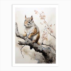 Squirrel, Japanese Brush Painting, Ukiyo E, Minimal 4 Art Print