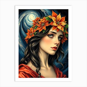 Girl With Flowers On Her Head Art Print