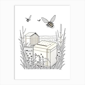 Bee Boxes In A Field 1 Vintage Art Print