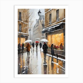 Paris cafes, winter season, Christmas, autumn oil colors, pale colors, pedestrians in the street, winter clothes, falling snow.Christmas decorations.4 1 Art Print