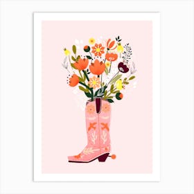 Pink Cowboy Boot And Flower Bouquet Art Print