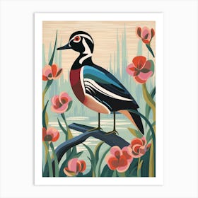 Vintage Bird Linocut Wood Duck 1 Art Print