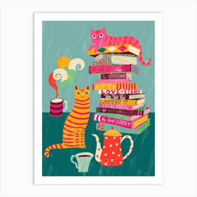 Cozy Tea Time Reading With Cats Art Print