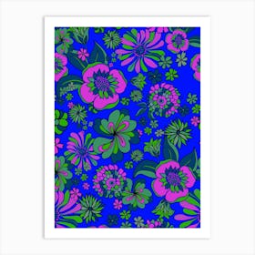 Bright 70s Flowers Blues Pinks Art Print