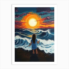 Young Girl Painting A Of A Sun Over The Ocean With Waves Art Print