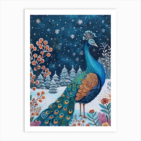 Folky Peacock In A Snow Scene 1 Art Print