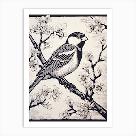 B&W Bird Linocut House Sparrow 1 Art Print