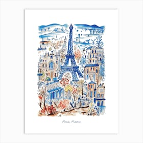 Paris Eiffel Tower Illustration Line Art France Travel Blue Art Print