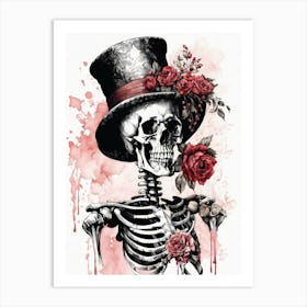 Floral Skeleton With Hat Ink Painting (49) Art Print