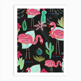 Flamingo And Cactus Art Print
