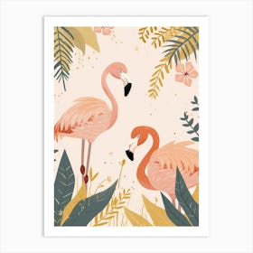 Lesser Flamingo And Tiare Flower Minimalist Illustration 1 Art Print