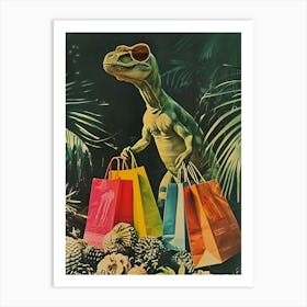 Dinosaur With Shopping Bags Retro Collage Art Print