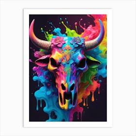Floral Bull Skull Neon Iridescent Painting (26) Art Print