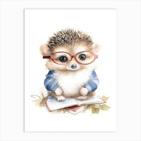 Smart Baby Hedgehog Wearing Glasses Watercolour Illustration 3 Art Print