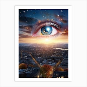 Surreal Building Sized Eye With Layers Representing Different Seasons Spring Blossoms Peering From Art Print