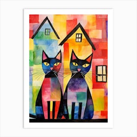 Colourful Patchwork Cats In Front Of A House Art Print