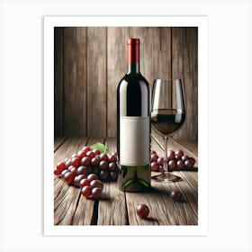 Wine Bottle, glass of red wine And Grapes On Wooden Background 2 Art Print