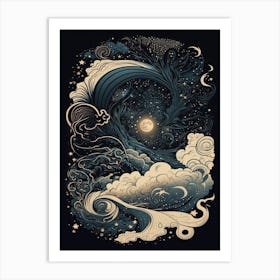 Starry Sky Moon Space Cosmic Galaxy Nature Art Clouds Art Nouveau Abstract Art Print