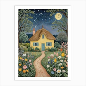 Thatched Yellow Cottage At Night Art Print