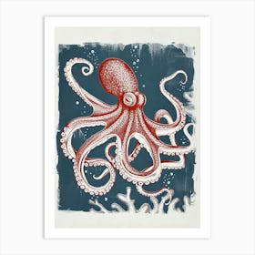 Octopus In Ocean Blue Linocut Background 4 Art Print