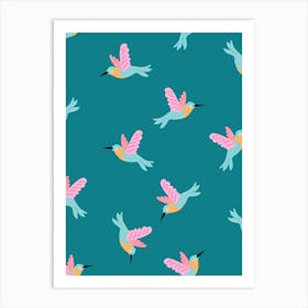 Happy Little Humming Birds on Dark Teal Art Print