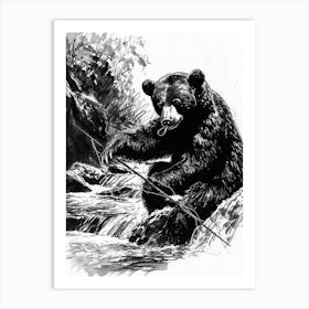 Malayan Sun Bear Fishing A Stream Ink Illustration 4 Art Print