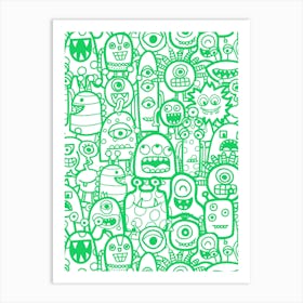 Cute Clusters of Monsters and Aliens Green and White Kids Art Print