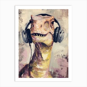 Dinosaur With Headphones On Brushstrokes 2 Art Print