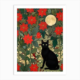 William Morris Black Cat With Poinsettias 1 Art Print