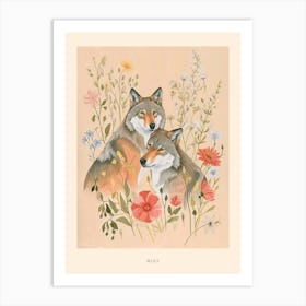 Folksy Floral Animal Drawing Wolf 5 Poster Art Print