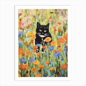 A Black Cat Painting In A Field Of Flowers Art Print