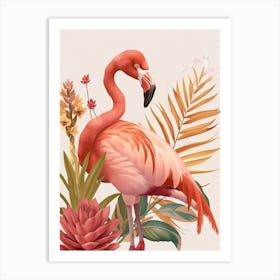 Lesser Flamingo And Bromeliads Minimalist Illustration 4 Art Print