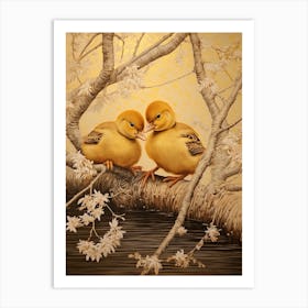 Ducklings Resting On A Tree Branch Japanese Woodblock Style 3 Art Print