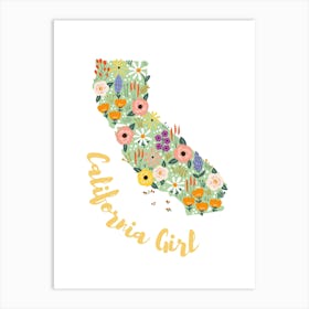 California Girl Art with Floral Map Art Print