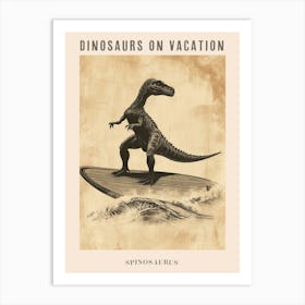 Vintage Spinosaurus Dinosaur On A Surf Board 2 Poster Art Print