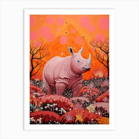 Floral Abstract Orange Linocut Inspired Rhino 3 Art Print
