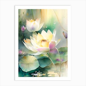Lotus Flowers In Garden Storybook Watercolour 1 Art Print