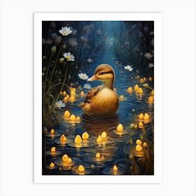 Duckling At Night With Fireflies 2 Art Print