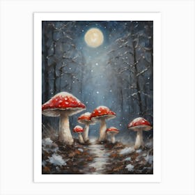 Cottagecore Toadstools in A Winter Forest - Acrylic Paint Mushrooms Art With Falling Snow at Night Scene on a Full Moon, Perfect for Witchcore Cottage Core Pagan Tarot Celestial Zodiac Gallery Feature Wall Christmas Yule Beautiful Woodland Creatures Series HD Art Print