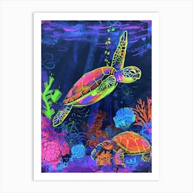 Neon Underwater Sea Turtle Doodle 4 Art Print