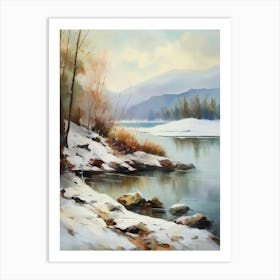 Ancient landscapes, old winter oil paintings and rocks around the lake bank. Snow is falling on the lake, old colors.5 2 Art Print