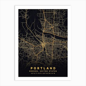 Portland Oregon Usa Black And Gold Map Art Print