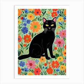 Black Cat In Flowers 1 Art Print