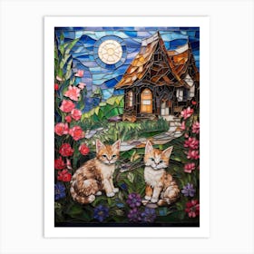 Cats In A Garden At Moonlight In Front Of A Medieval Barn Art Print