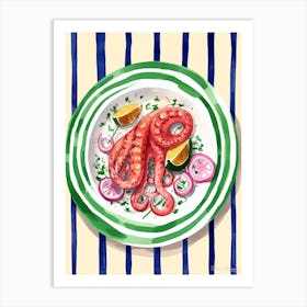 A Plate Of Octopus,, Top View Food Illustration 3 Art Print